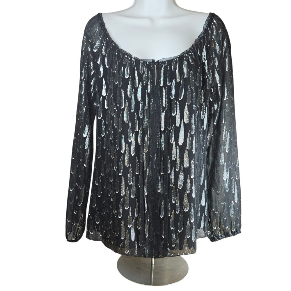 White House Black Market Silk Metallic Top XS Black Silver Lined Off Shoulder - Picture 2 of 7